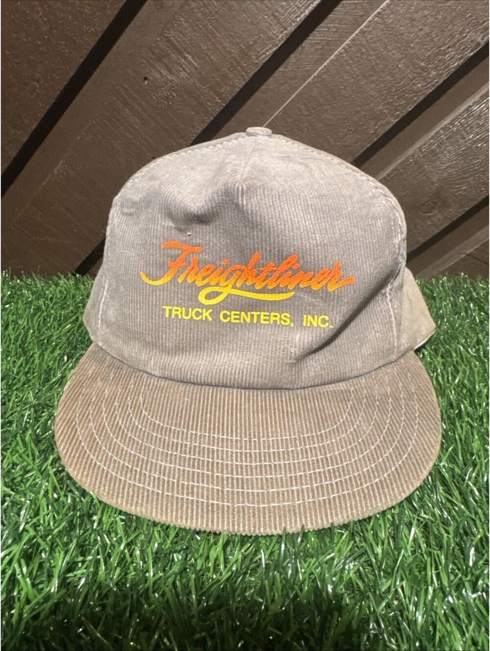 VTG Freightliner Truck Centers Hat Corduroy Snapback Cap Tan Orange 80s Vtg